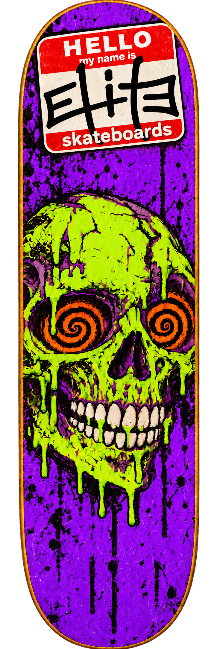 Purple ELITƎ acid skull deck with red name-tag logo